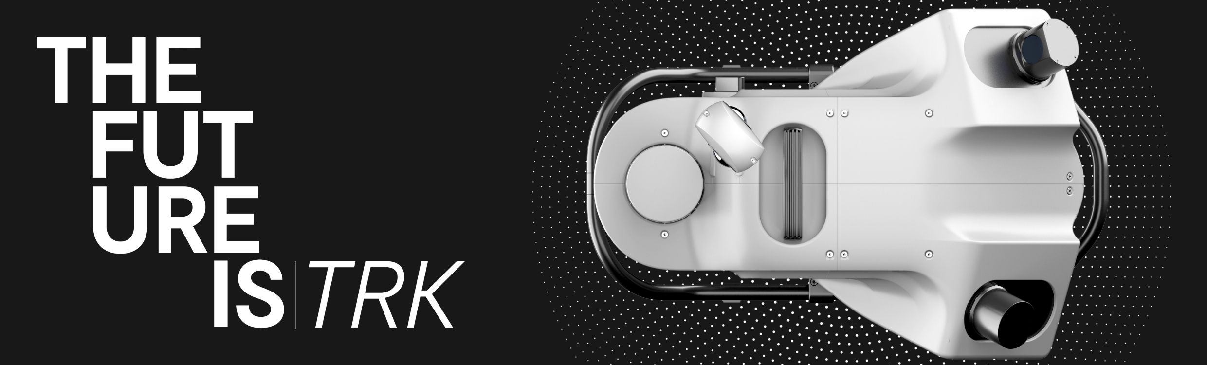 Bannière promotionnelle du Leica Pegasus TRK Evo avec le texte « LE FUTUR EST TRK » en noir, représentation d’un nuage de points et vue du haut du système Pegasus TRK700 Evo.